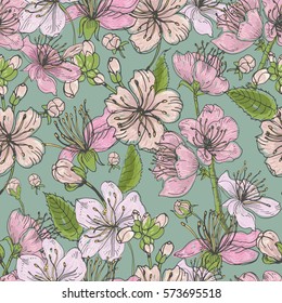 Realistic sakura hand drawn seamless pattern with buds, flowers, leaves. Colorful vintage style illustration.
