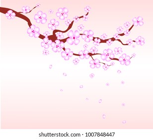 Realistic sakura japan cherry branch with blooming pink flowers. Abstract vector illustration. Fresh spring background with place for your text