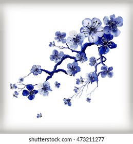 Realistic sakura japan cherry branch with blooming flowers vector illustration