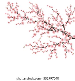 Realistic sakura japan cherry branch with blooming flowers. EPS 10 vector file included