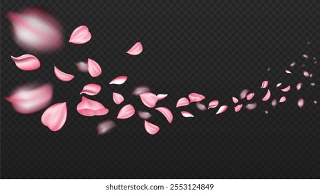 Pétalos de sakura realistas. Cogollos de cereza rosados. Florece y florece plantas y flores. Hojas voladoras y follaje. Temporada de primavera. colección de Vector 3D aislada sobre fondo transparente