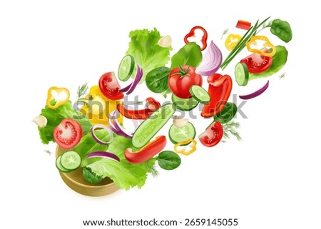 Realistic salad ingredients. 3d vegetables air fly, falling slices fresh vegetable explosion tomato cucumber onion flying cut cooking vegetarian food, exact vector illustration