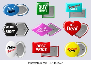 Realistic sale badges buttons. Special offer button badge, glossy colorful metal circle label isolated vector isolated icons set as special collection, hot deal, black friday and new arrival