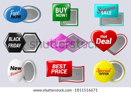 Realistic sale badges buttons. Special offer button badge, glossy colorful metal circle label isolated vector isolated icons set as special collection, hot deal, black friday and new arrival