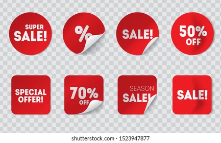 Realistic sale red stickers with shadows isolated on transparency background. Adhesive round and square price tags or labels with discount and special offers