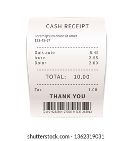 Realistic sales receipt, white shopping bill with text. Paper financial check isolated on white