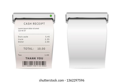 Realistic sales receipts going out from printing machine, white shopping bills . Paper financial checks isolated on white