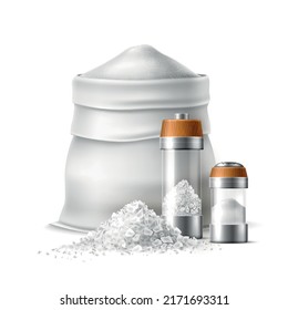 Realistic salt composition. Food products, salty cooking ingredient, white powder and crystals in bag and heaps, saltshakers and bunch, granular 3d isolated elements, utter vector concept