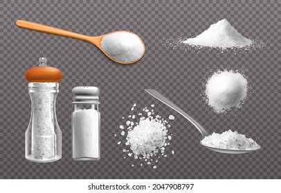 Realistic salt. Grains powder and piles of edible sea mineral crystals. 3D food seasoning in bottle and spoon. Culinary spice mockup. Vector condiments set on transparent background