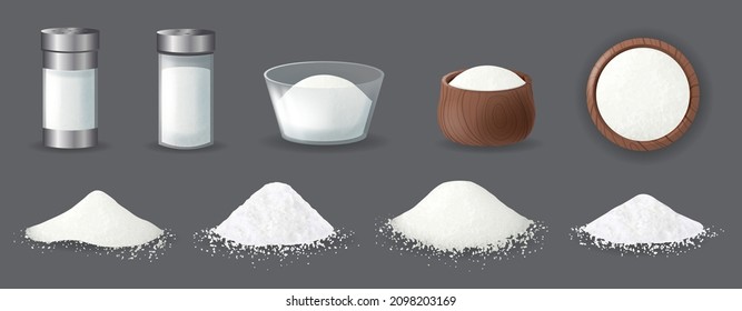 Realistic salt. Grains powder and piles of edible sea mineral crystals. Glass jar for spices. Ingredients for cooking concept. Vector illustration