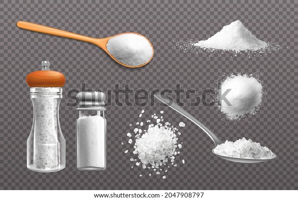 Realistic salt.\
Grains powder and piles of edible sea mineral crystals. 3D food\
seasoning in bottle and spoon. Culinary spice mockup. Vector\
condiments set on transparent\
background