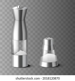 Realistic salt shaker and mill for salt powder condiment with metal cap isolated on transparent background. Glass bowl bottle for kitchen or restaurant. 3d vector illustration