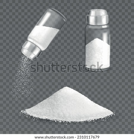 Realistic salt shaker set with transparent background and isolated images of salt cellar and powder pile vector illustration