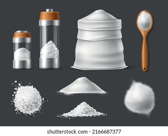 Realistic salt. White sea salt, natural cooking ingredient, crystals and powder, piles side and top view, shaker and wooden spoon, spices product, 3d isolated elements, utter vector set