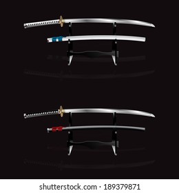 Realistic Samurai Sword and Scabbard on the Stand. Vector Illustration.