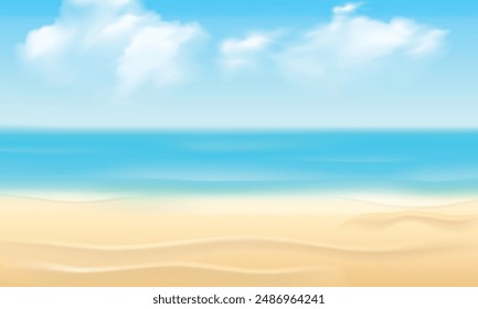 Realistic sand beach with blue water of sea.