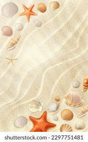 Realistic sand beach top view, seashells and starfish. Summer vacation realistic vector background, ocean travel and beach leisure 3d vector backdrop or wallpaper with conch seashells, sand texture