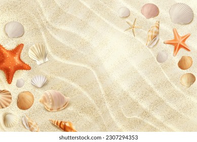 Vista de la playa de arena realista con conchas marinas y peces estrella, fondo vectorial de vacaciones de verano. Afiche de vacaciones en el mar o vacaciones en la playa del océano con arena, conchas de concha y marco de estrellas en olas de agua