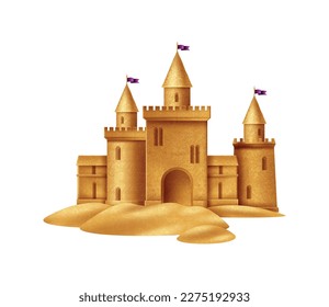 Realistische Sandburg mit Flaggen am Strand, Vektorgrafik