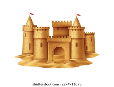 Realistic sand castle with towers front view vector illustration