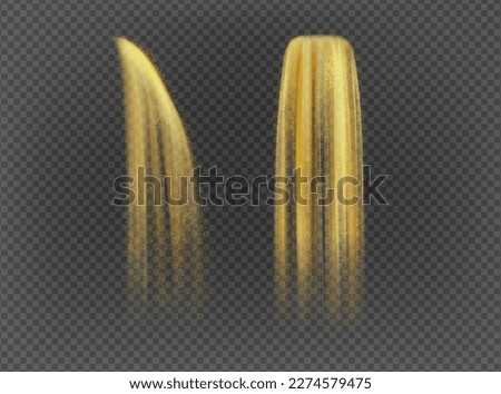 Realistic sand falling isolated on transparent background. Vector illustration of side and front view of yellow powder pouring down. Time passing by. Flow of golden particles shimmering. Magic effect