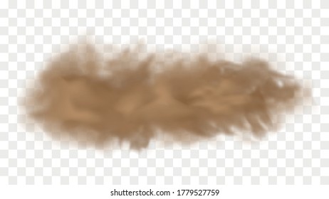 Realistic sand storm illustration. Vector brown dust cloud on transparent background. Air pollution concept
