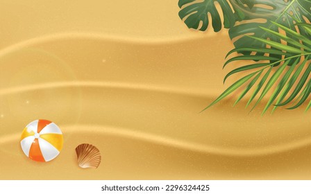 Realistische Sandstruktur, Meereshintergrund, tropischer Bannerstrand, tropische Blätter, Ball- und Sommerelemente, Vektorgrafik, Draufsicht-Banner mit Sand