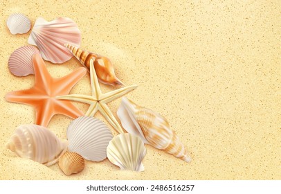 Vista realista de la cima de la arena, conchas y estrellas de mar en la playa de verano. Vector tópico textura de la costa del océano para vacaciones, vacaciones y ocio. Fondo de playa de verano con conchas de mar y granos de arena