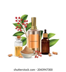 Realistic sandalwood composition with images of ripe leaves berries and cosmetic products packages with sandal powder vector illustration