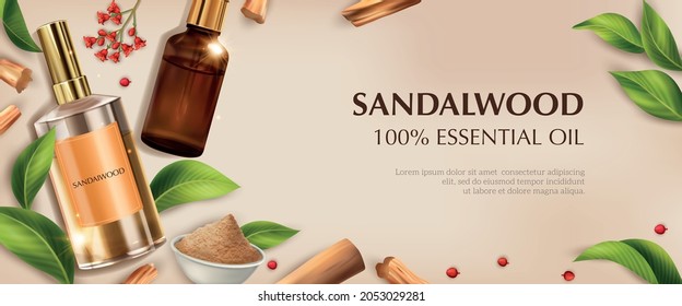 Realistic sandalwood horizontal composition with images of perfume oil vials powder ripe leaves and editable text vector illustration