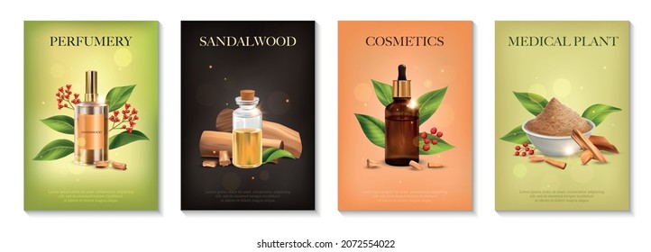 Realistic sandalwood poster set with four vertical compositions of editable ornate text leaves berries and vials vector illustration