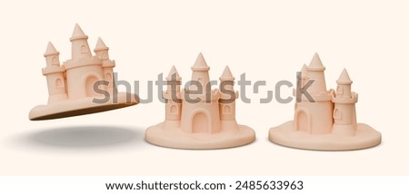 Realistic sandcastle in different positions. Architectural construction