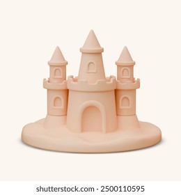 Realistic sandcastle, front view. Decorative element for beach. Sand construction