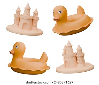 Realistic sandcastle, inflatable duck ring. Templates for concepts of children games on coast