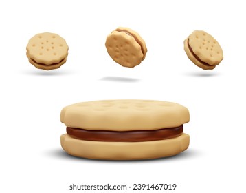 Galletas de sándwich con relleno de chocolate. Hornear con crema. Galletas dobles realistas en diferentes posiciones. Un delicioso aperitivo dulce. Conjunto de objetos texturados aislados