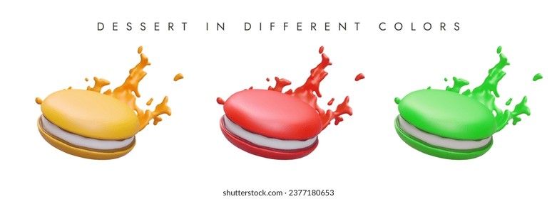Realistic sandwich cookies with syrup, cream splashes. Set of vector illustrations of different colors. Sweet baked dessert with cream layer. Sweets shop icons
