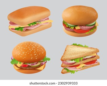 Realistic sandwich. Fast food burgers bun with vegetables and meat decent vector sandwitch template