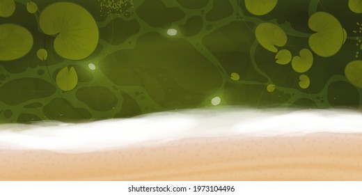 Realistic sandy beach with green water. Bank of a river or lake. Vector illustration.