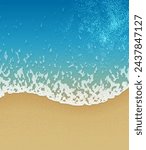 Realistic sandy beach with sea waves from top view vector illustration. Global colors
