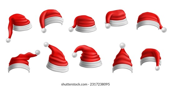 Realistic Santa Claus hat. Christmas red cap, Xmas hats with fluffy white brim and pompom. Traditional festive decoration for winter holidays vector illustration set. Seasonal costume accessory