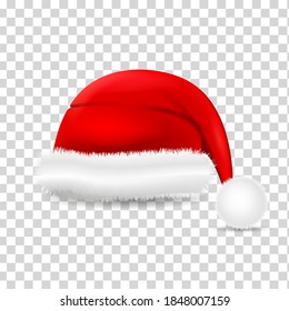 Realistic santa claus hat.  Santa Claus holiday cap for Christmas illustration. Christmas 3d red hats  isolated on transparent background. Vector illustration