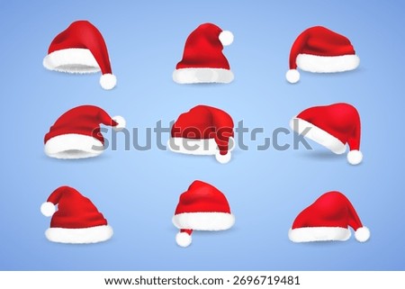 Realistic Santa Claus Hat Set — Christmas Red Cap Collection on Blue Background
