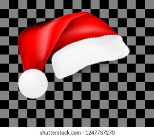 Realistic Santa Claus hat with shadow, template. Vector illustration on checkered transparency background