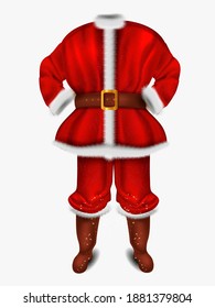 Realistic Santa Claus red costume for the Christmas on white background. Traditional Christmas clothing, leather boots, red coat with belt. Vector illustration