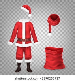 Realistic santa costume. Claus dress suit, traditional christmas clothes santas jacket fancy clothing gift bag shoes winter coat pants with belt scarf, vector illustration of claus costum, dress