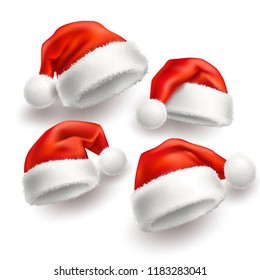 Realistic santa hat, cap set. Merry Christmas holiday, new year headdress for winter xmas celebration decoration. Traditional fancy 3d costume for december seasonal design. Vector illustration