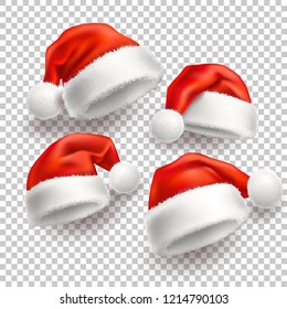 Realistic santa hat, cap set. Merry Christmas holiday, new year headdress for winter xmas celebration decoration. Traditional fancy costume for seasonal design. Vector transparent background