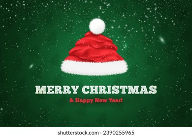 Realistic santa hat. Saint claus cap in christmas tree shape with soft plush fur for head, modern creative xmas banner winter holiday background decoration 3d vector illustration