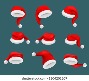 realistic Santa hat set vector illustration isolated on blue background vector