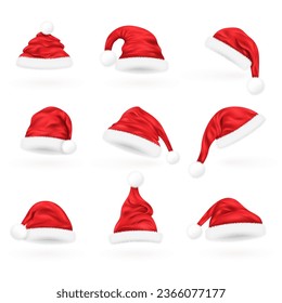 Realistic santa hats. 3d saint claus cap traditional christmas or new year symbol, winter plush furry hat for head on xmas holiday, decoration decent vector illustration of santa cap realistic